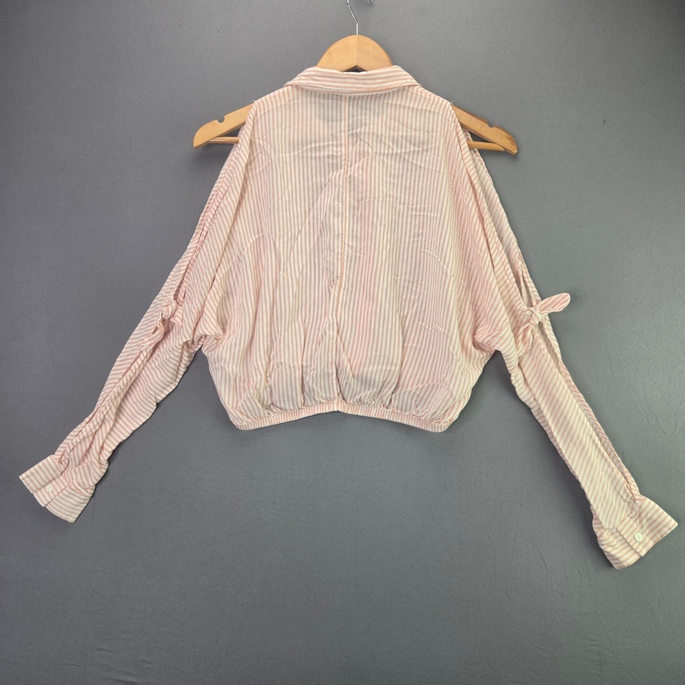 Forever 21 Blouse Cold Shoulder Cropped Striped S Pink White Button Up Tie Slv - Picture 7 of 7